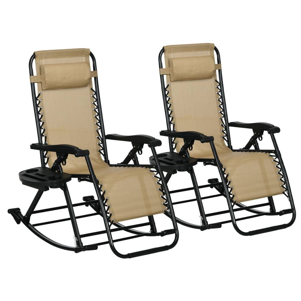 Beige Metal Outdoor Rocking Chair, Zero Gravity Foldable Lounge Chair with 