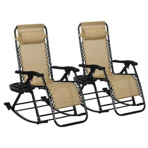 Beige Metal Outdoor Rocking Chair, Zero Gravity Foldable Lounge Chair with Pillow, Cup and Phone Holder (2-Pack)