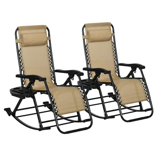 Unbranded Beige Metal Outdoor Rocking Chair, Zero Gravity Foldable Lounge Chair with Pillow, Cup and Phone Holder (2-Pack)