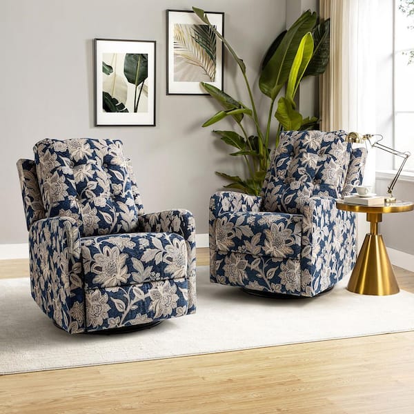 ARTFUL LIVING DESIGN Felipe Navy Multi-Floral Wing Back Swivel Rocker Recliner with Metal Base (Set of 2)