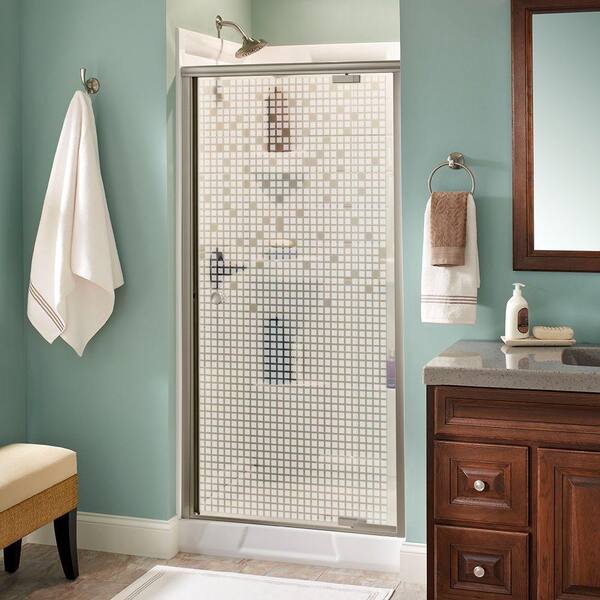 Delta Phoebe 36 in. x 66 in. Semi-Frameless Traditional Pivot Shower Door in Nickel with Mozaic Glass