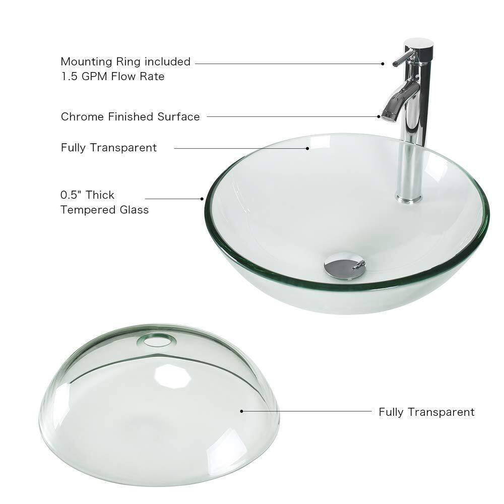 Clear Tempered Glass Round Vessel Sink with Chrome Faucet