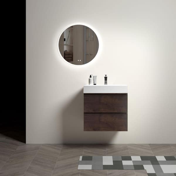 NOBLE 24 in. W x 18 in. D x 25 in. H Single Sink Floating Bath Vanity in Wood with White Solid Surface Integral Top