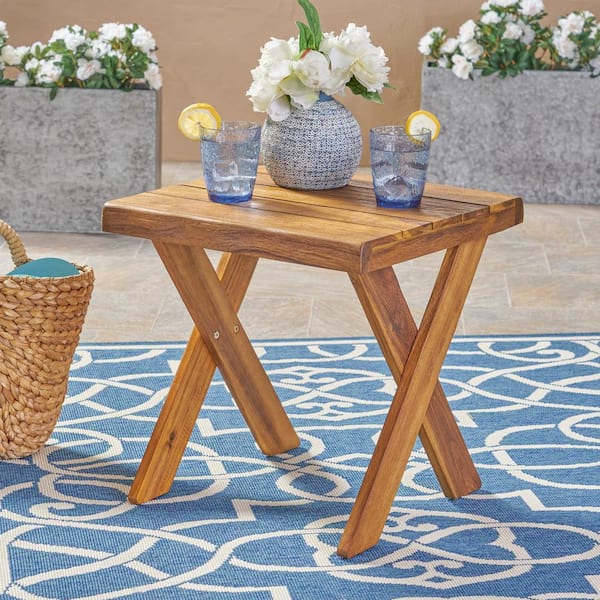 Unbranded 1-Piece 18 in. Outdoor Patio Wood Side Table with Cross Base for Backyard Porch, Brown