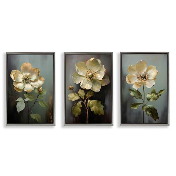 Detailed Magnolia Flowers by Petal Prints Design 3 Pieces Gray Floater Frame Nature Graphic Art Print 31 in. x 21 in.
