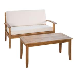 Caldwell Teak 2-Piece Wood Outdoor Patio Conversation Set with Beige Cushions