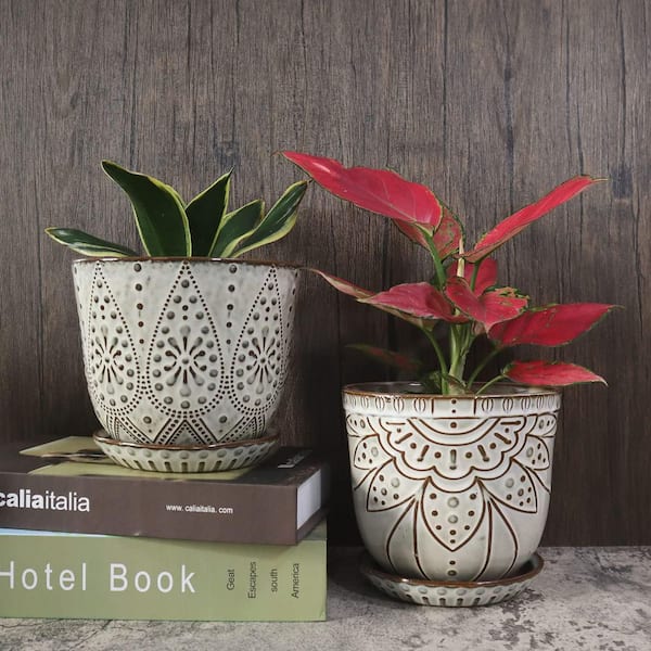 OGETFUUR 6 in. Beaded Ceramic Planter with Drainage Hole and