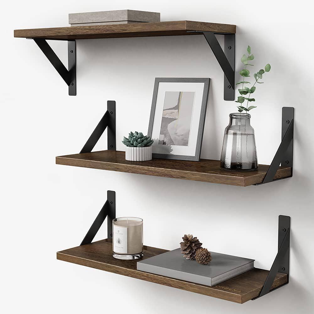 MOOCSIC Floating Shelves 14 inch Set of 3 Rustic Wooden Shelf for Wall Decor No Drilling 2 Way of Wall Mounted Shelves for Storage Hanging Shelf for