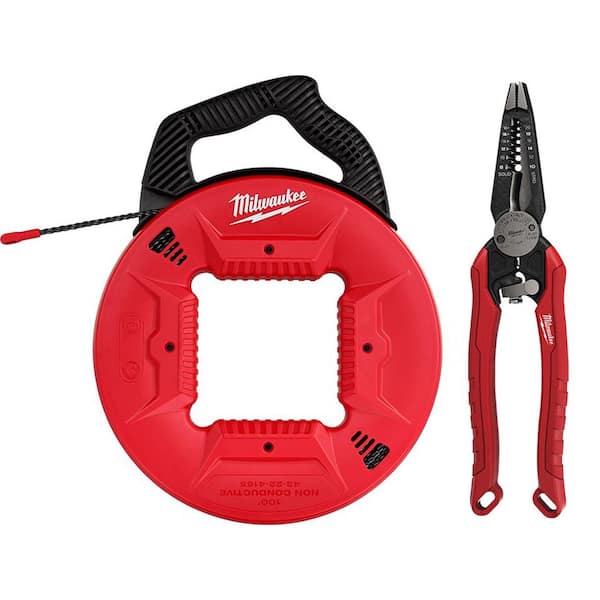Milwaukee 100 ft. Polyester Fish Tape with Non-Conductive Tip with 7-in-1 Combination Wire Strippers Pliers