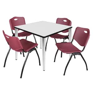 Trueno 42 in. Square White and Chrome Wood Breakroom Table and 4-Burgundy 'M' Stack Chairs (Seats 4)