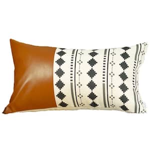 Brown Boho Handcrafted Vegan Faux Leather Lumbar Abstract Geometric 12 in. x 20 in. Throw Pillow Cover
