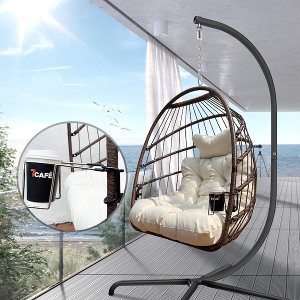 AUTMOON 1-Person Black Metal Patio Swing Folding Hanging Chair Hammock Egg Chair with Beige Cushion and Pillow