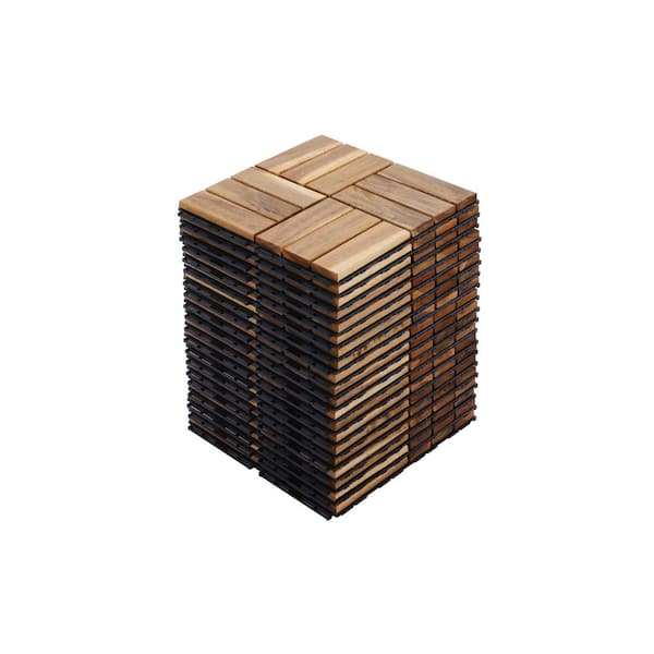10-Pieces Interlocking Deck Tiles Checker Pattern, 1 ft. x 1 ft. Square Yellow Acacia Wood Outdoor Flooring