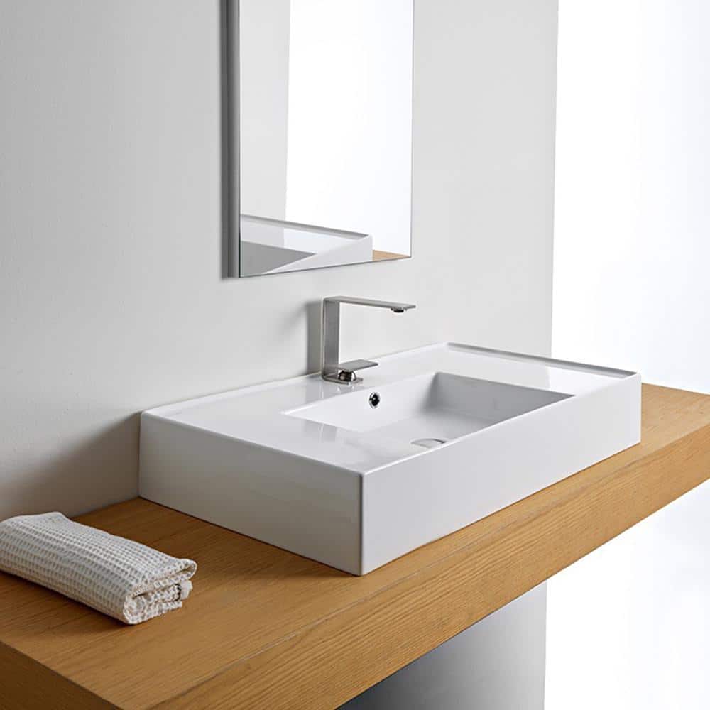 Glossy White Ceramic Rectangular Wall-Mount Bathroom Sink