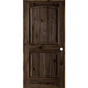 28 in. x 80 in. Knotty Alder 2 Panel Left-Hand Top Rail Arch V-Groove Black Stain Wood Single Prehung Interior Door