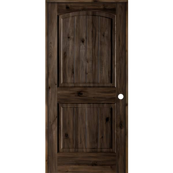 Krosswood Doors 36 in. x 80 in. Knotty Alder 2 Panel Left-Hand Top Rail Arch V-Groove Black Stain Wood Single Prehung Interior Door