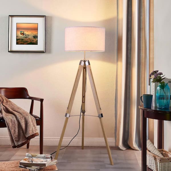 Keazile 58 in. Natural Modern Tripod Floor Lamp with Solid Wood