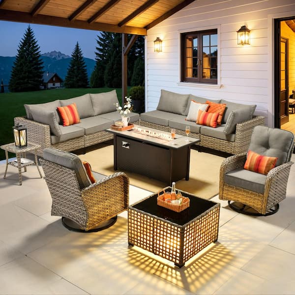Supery Gray 11-Piece Wicker 54 in. Rectangle Fire Pit Patio Conversation Set with Dark Gray Cushions and Swivel Chairs