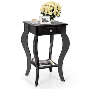 Square Black End Table with Drawer and Bottom Shelf-Black