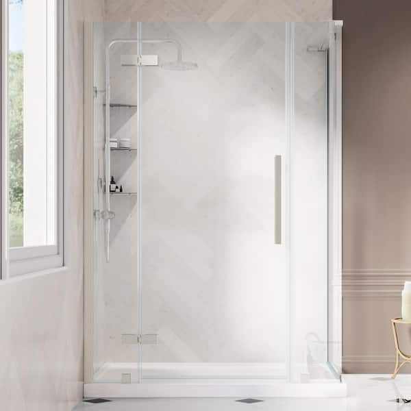 OVE Decors Tampa 54 in. L x 36 in. W x 75 in. H Corner Shower Kit w/ Pivot Frameless Shower Door in SN w/Shelves and Shower Pan