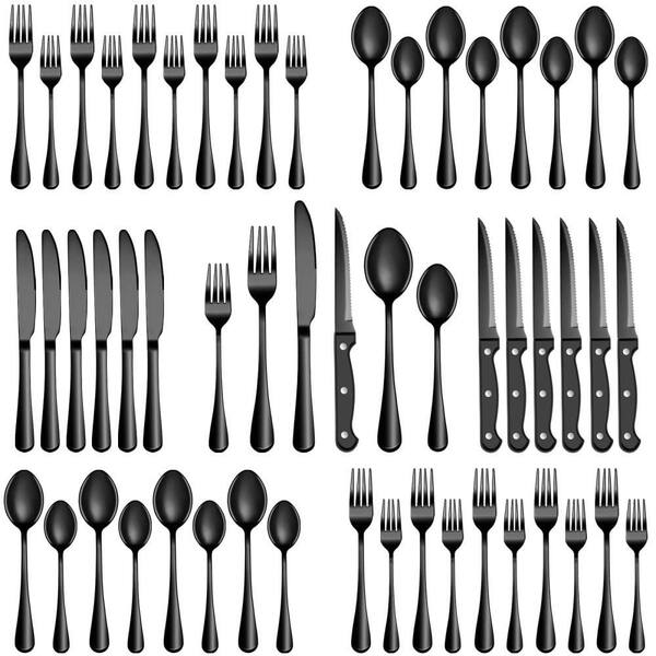 24-Piece Retro Stainless Steel Flatware Set, Black Polished Tableware Utensil Set with Steak Knives for Home Dining Use