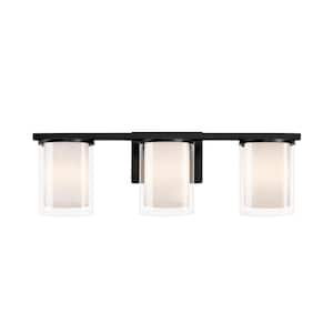 22.75 in. 3-Light Matte Black Modern Vanity Light with Clear Glass and White Glass Dual Shades
