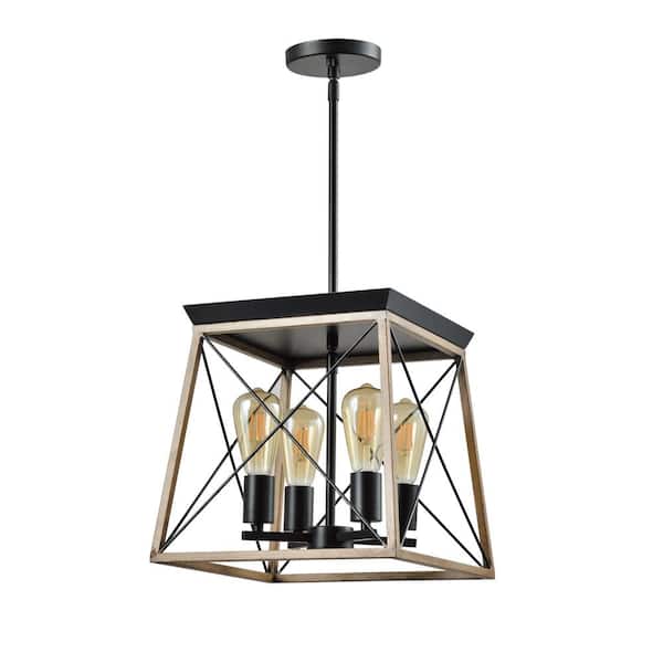 Maxax Springfield 4-Light Woold/Black Lantern Geometric Chandelier with Wrought Iron Accents