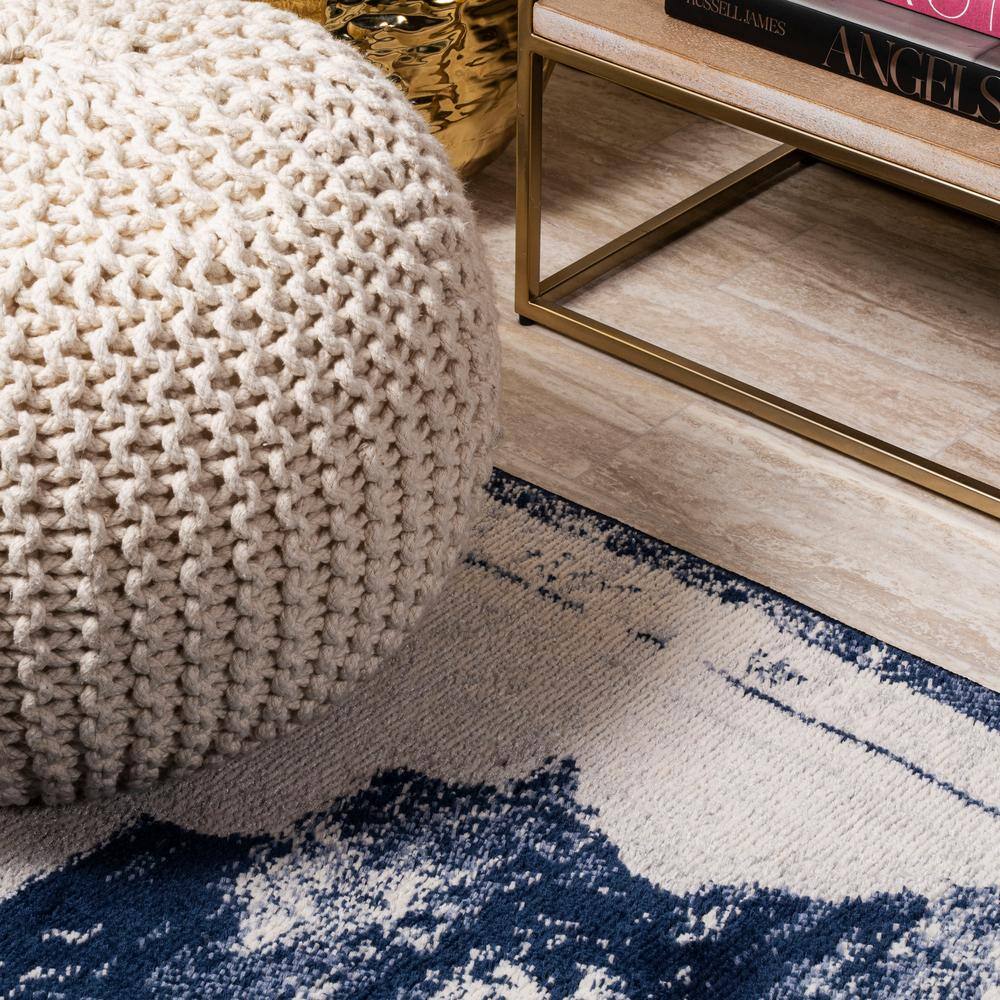 Ivory and Navy Synthetic Reversible Medallion Area Rug