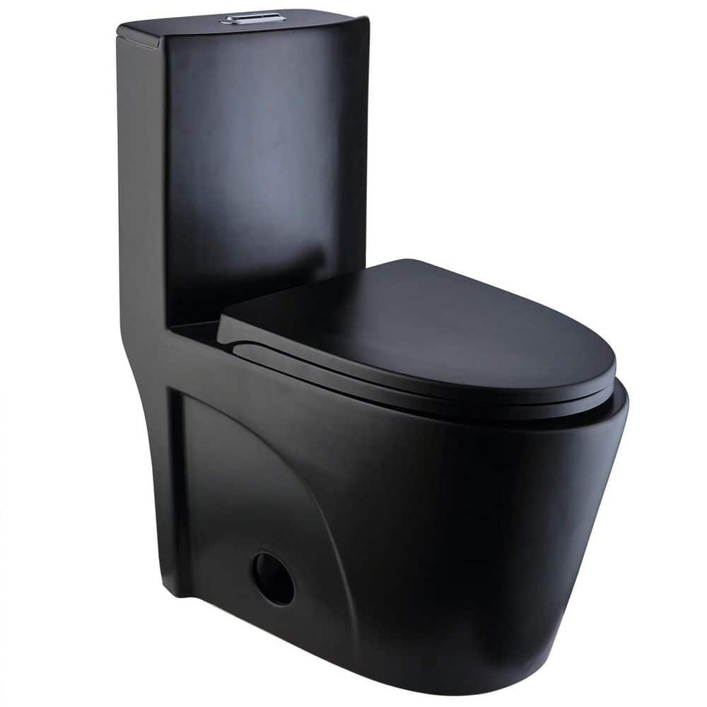 Woodbridge Bering Black Toilet with Chrome Button Dual Flush Elongated  Chair Height WaterSense Soft Close Toilet 12-in Rough-In 1.28-GPF at