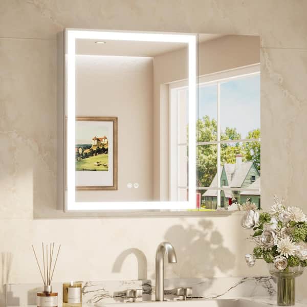 30 in. W x 26 in. H Rectangular Silver LED Light Anti-Fog Aluminum Recessed/Surface Mount Medicine Cabinet with Mirror