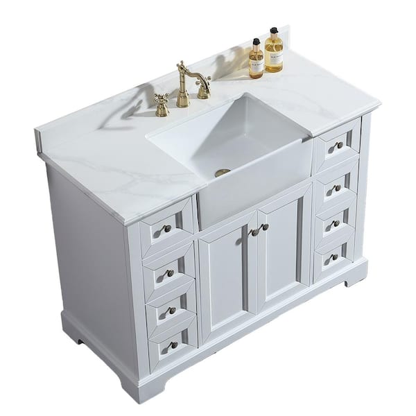 INSTER ANTIQUE 48 in. W x 22 in. D x 35 in. H Single Sink Solid Wood Bath Vanity in White with White Quartz Stone Top