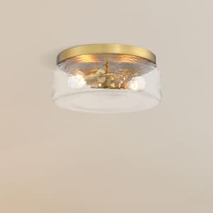 Rose Marie 13 in. 2-Light Brushed Gold Mid-Century Modern Semi Flush Mount with Clear Rippled Glass Shade for Bedrooms