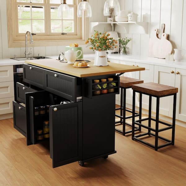 Black Rubber Wood 50.3 in. Kitchen Island w/ Storage Cabinet,Drawers,Door Shelves,Power Outlet, Drop Leaf and 2-Seatings