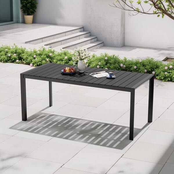 71 in. Rectangular Aluminum Patio Outdoor Dining Table with Wood-Like Tabletop and Umbrella Hole in Black