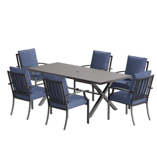 7-Piece Metal Outdoor Dining Set with 6 Dining Chairs, 1.5 in. umbrella hole for Rectangular Table and Cushion Navy Blue