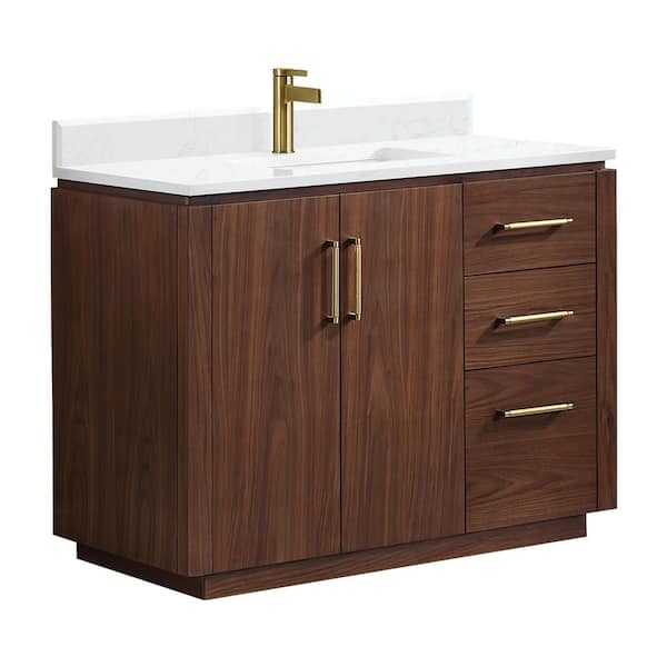 San 42 in.W x 22 in.D x 33.8 in.H Single Sink Bath Vanity in Natural Walnut with White Composite Stone Top