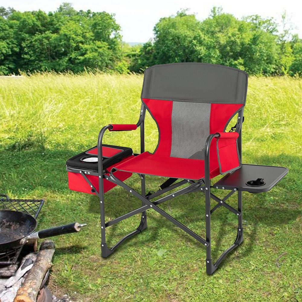 Red Folding Camping Chair with Cooler Bag and Side Table
