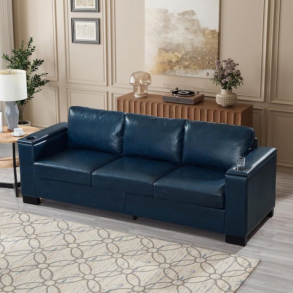 Valmorra 93.7 in. Square Arm PU Faux Leather Upholstered Rectangle 3-Seats Storage Sofa in Navy Blue with Cup Holder