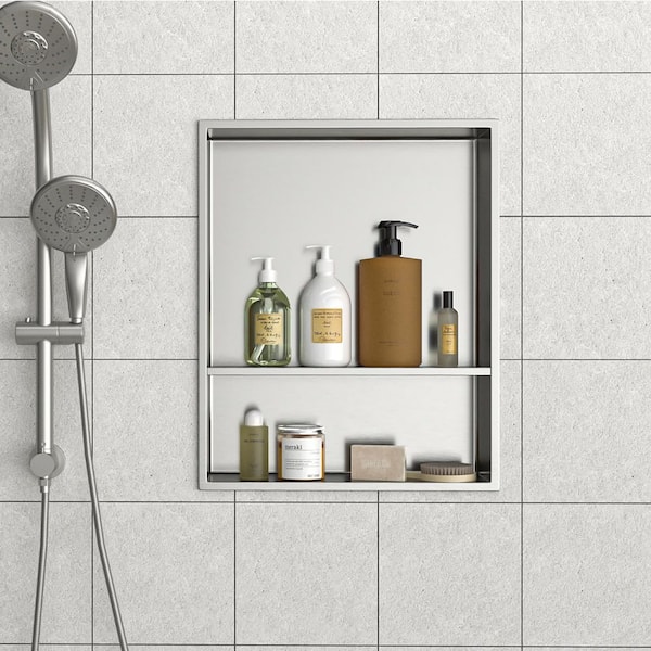 17 in. W x 21 in. H x 4 in. D Shower Niche Set of 1-Pieces in Brushed Nickel with Shelf