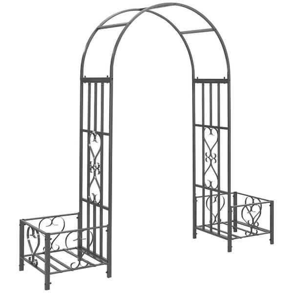 ToolCat 81 in. x 82.75 in. Steel Garden Arch Arbor Trellis with Scrollwork Hearts, Planter Boxes for Ceremony, Weddings