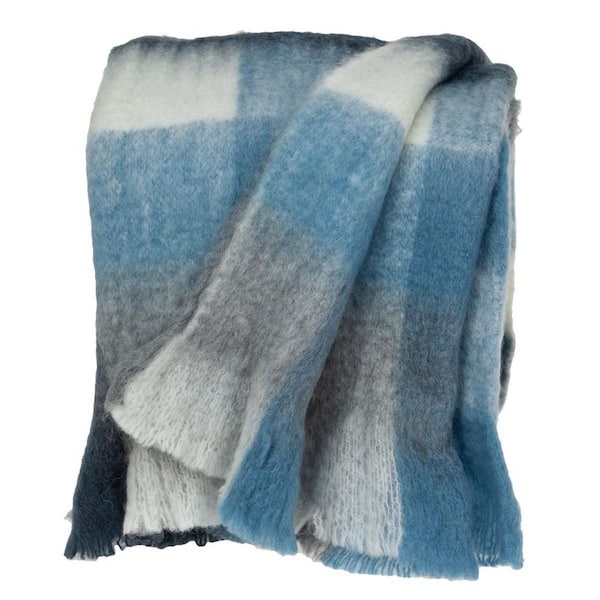 HomeRoots Gray/ Ivory/ Blue Plaid Wool Throw Blanket