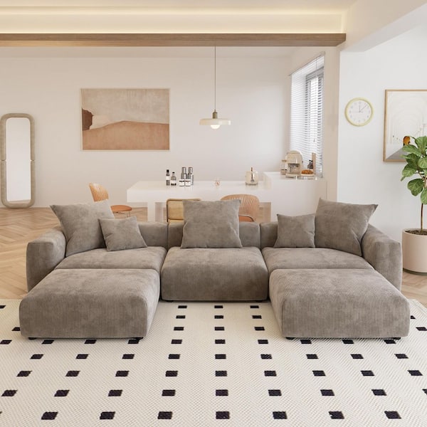 141.7 in. Square Arm Corduroy Velvet 4 Pieces Modular Free Combination Sectional Sofa with Ottoman in. Brown