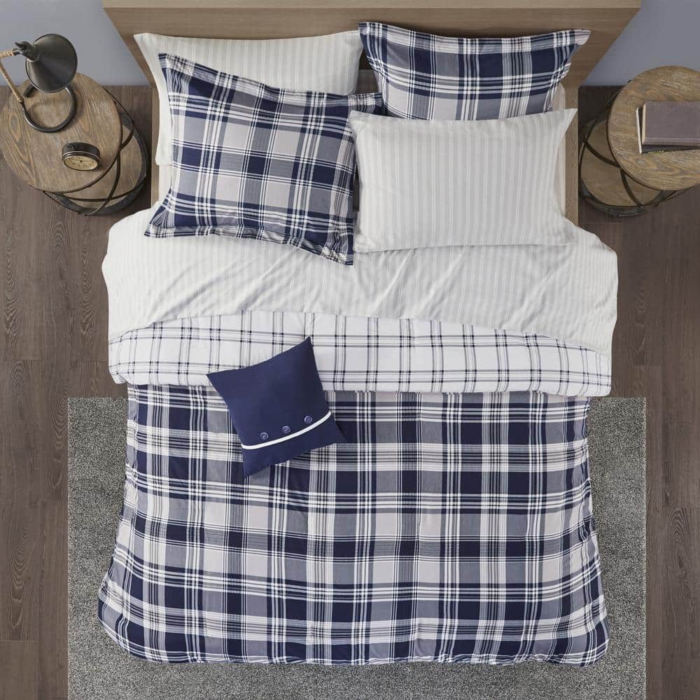 Navy Plaid Reversible Microfiber Queen Bed in a Bag Set