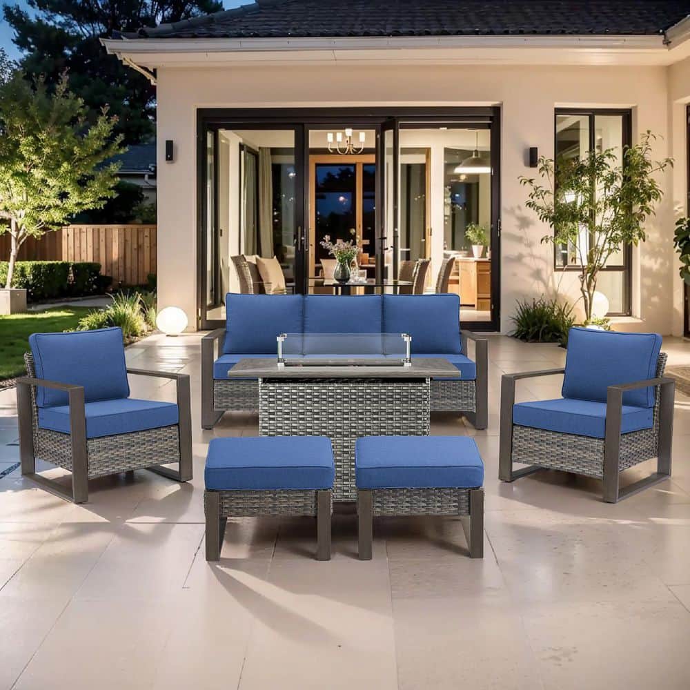 CubeEdge 6-Piece Gray Wicker Fire Pit Conversation Set with Olefin Blue Cushions and Couch/ Patio Lounge Chairs price history on PriceWatchPro