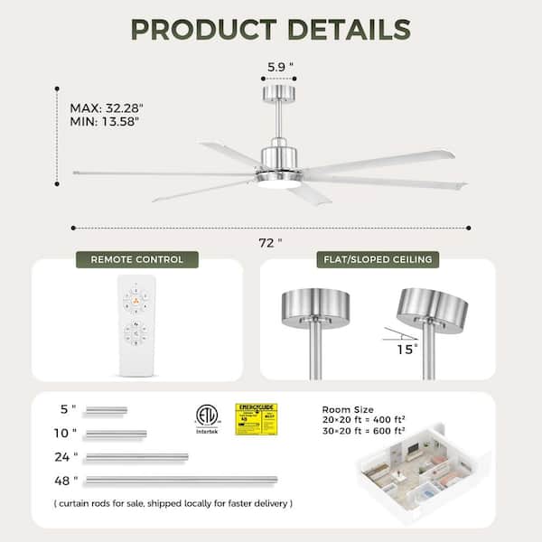 JAZAVA 72 in. Brushed Nickel Downrod Mount Standard LED Covered