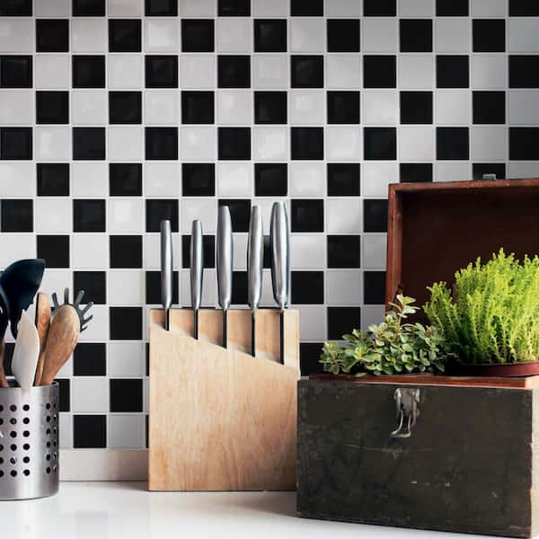Metro Quad Checkerboard Glossy Black and White 6 in. x 6 in. Porcelain Mosaic Take Home Tile Sample