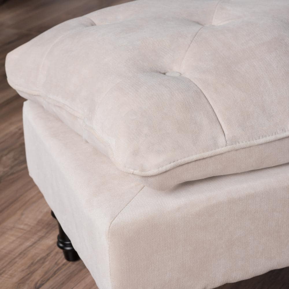Cream Tufted Fabric and Wood Rectangular Ottoman
