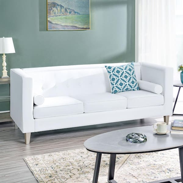 HOMESTOCK 83.5 in. Velvet Square Arm Rectangle Sofa for Living Room, Mid Century Chair Arms, Solid Wooden Legs in White