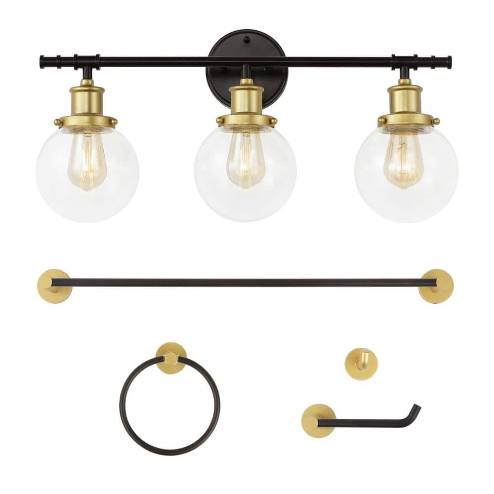 JONATHAN Y Hugo 24.5 in. 3-Light Vanity Light with Bathroom Hardware Accessory Set, Oil Rubbed Bronze/Gold Painting (5-Piece)