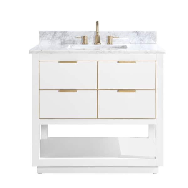 Avanity Allie 37 in. Single Sink White with Gold Trim Bath Vanity with Carrara White Marble Top